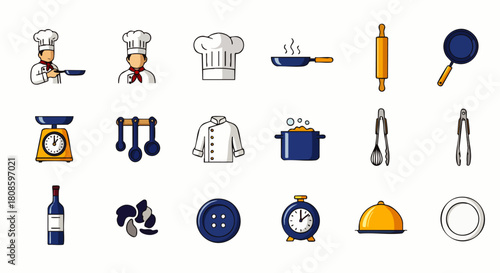 A colorful illustration showcases various cooking-related icons, including chefs, utensils, and ingredients, perfect for culinary projects and designs.