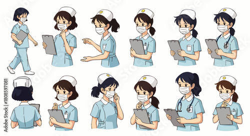 A collection of illustrated female nurses wearing face masks and medical uniforms, each holding a clipboard, showcasing various poses and expressions.