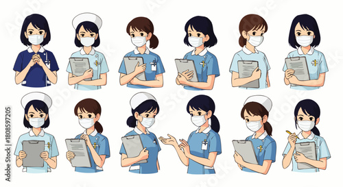 A collection of diverse nurses, each wearing a mask and holding clipboards, representing healthcare professionals in a medical setting, ready to assist patients.