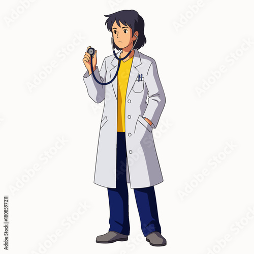 An illustration of a young, professional doctor in a white coat with a stethoscope, ready to provide medical care and assistance to patients.