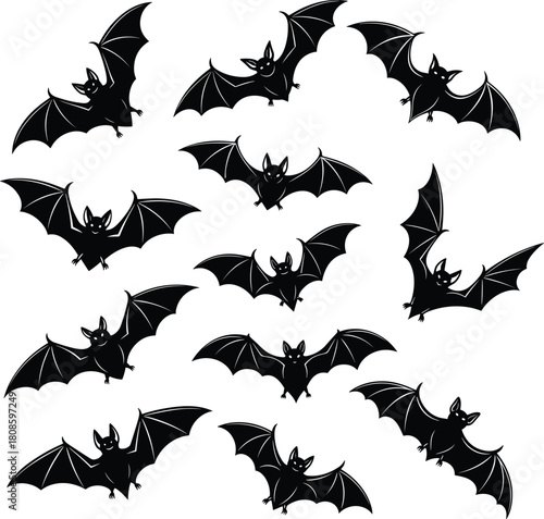 Flying bat silhouettes, cartoon bats, spooky creatures, Halloween theme, nocturnal animals, black wings, animated style, horror design, festive decoration, eerie