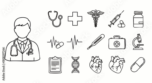 A collection of hand-drawn medical icons and a doctor illustration, perfect for healthcare, clinic, and medical-related design projects and educational materials.