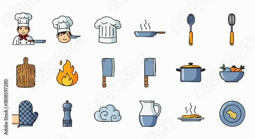 A collection of colorful cooking icons, perfect for culinary projects, showcasing various kitchen tools and food-related elements for design needs.