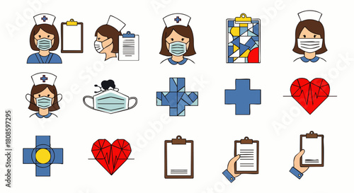 Collection of vector illustrations depicting nurses wearing masks, medical symbols, hearts, and clipboards, perfect for healthcare and medical concepts.