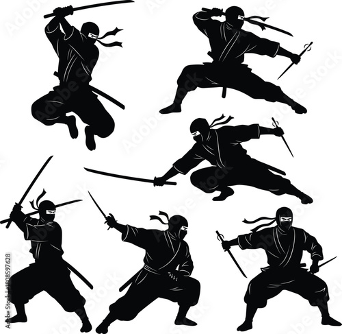 Ninja silhouette, martial arts, combat pose, sword action, stealth fighter, Japanese warrior, black costume, agility, discipline, weapon, mask, sai, katana, crouching ninja, jumping ninja