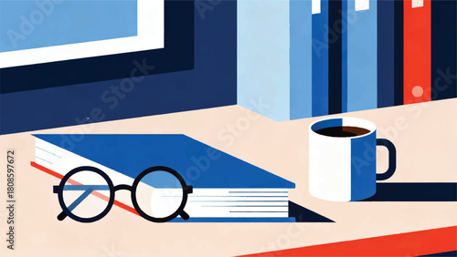 Illustration Of A Composition Of Books, Glasses, And A Coffee Cup On A Study Table Vector Design Template