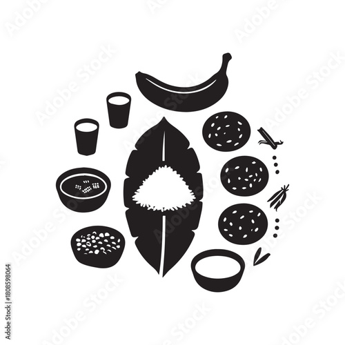 Silhouette Traditional South Asian Thali Meal Rice, Bowls of Curry, and Bananas. 