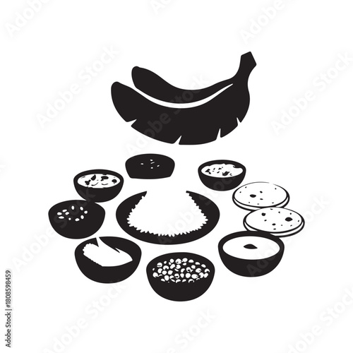 Silhouette Traditional South Asian Thali Meal Rice, Bowls of Curry, and Bananas. 