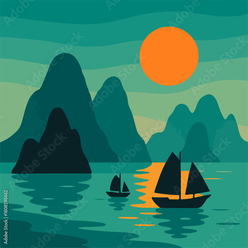Halong Bay Vietnam Karst Islands Sunset Minimal Travel Illustration