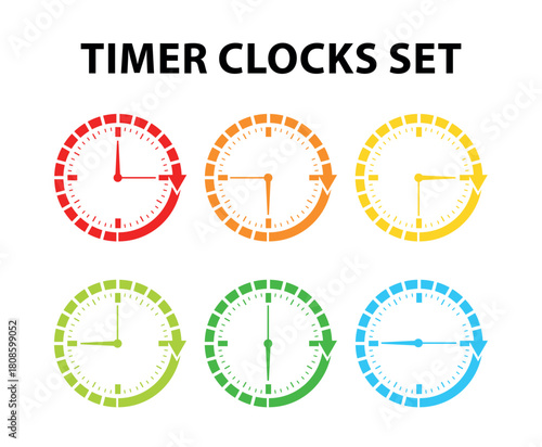 Stopwatch timer icon set, set of clocks showing different time intervals.