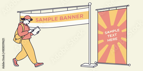 Person passing sample banner, business concept, illustration style