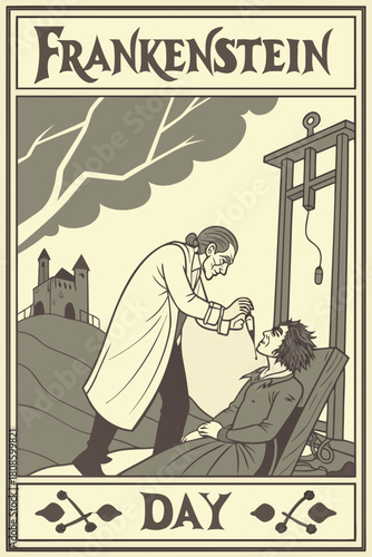 Frankenstein Day vintage poster featuring the doctor and a patient