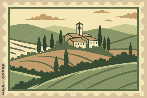 Tuscan landscape on vintage postage stamp with farm building and rolling hills 