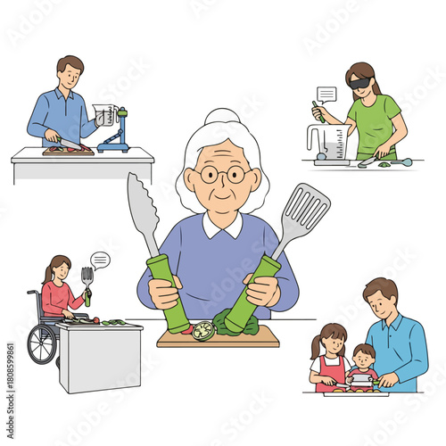 An elderly woman holding kitchen utensils surrounded by diverse people with disabilities engaging in various daily activities. Perfect for accessibility campaigns, inclusivity promotions,