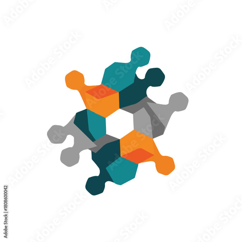 A colorful puzzle pieces icon in a circular arrangement, featuring orange, teal, and gray hues, on a white background. Perfect for logos, branding, infographics.