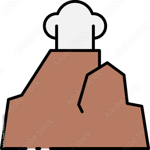 Stylized illustration of a volcanic eruption with smoke and ash billowing from the summit