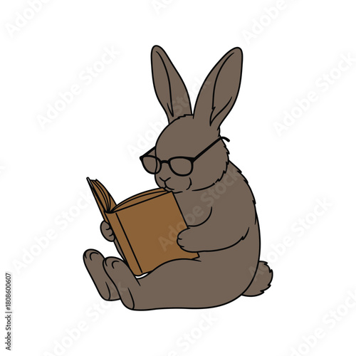 Cute brown rabbit wearing glasses reading a book illustration