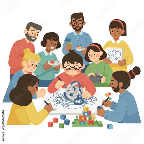 A diverse group of people gathered around a table, engaged in a creative activity with colorful blocks and drawings on a white background, depicted in a vibrant digital illustration.