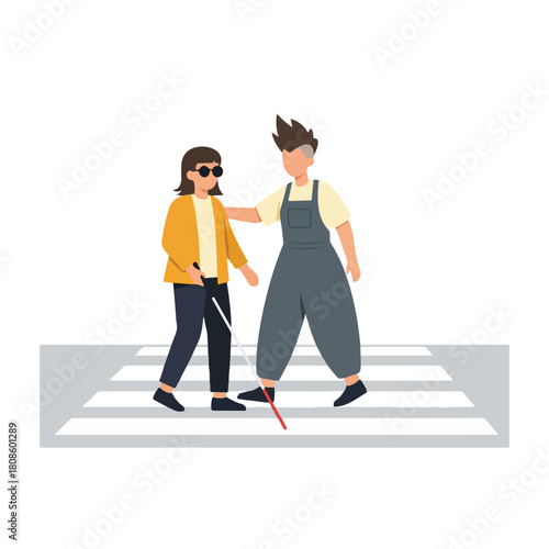 A digital illustration of a blind woman with a white cane and a man guiding her across a crosswalk on a gray background. Perfect for accessibility, disability awareness, and educational