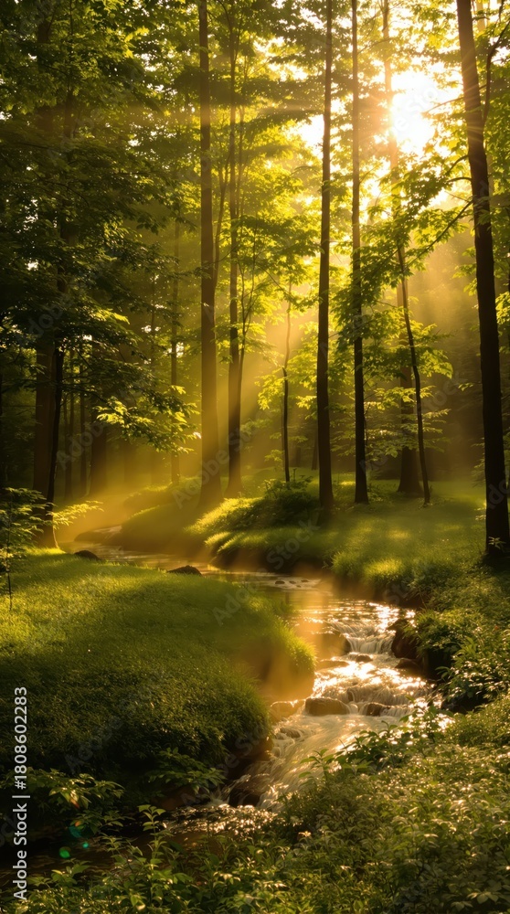 Obraz premium Mystical Forest Sunlight Streaming Through Trees Green Woods Nature Path