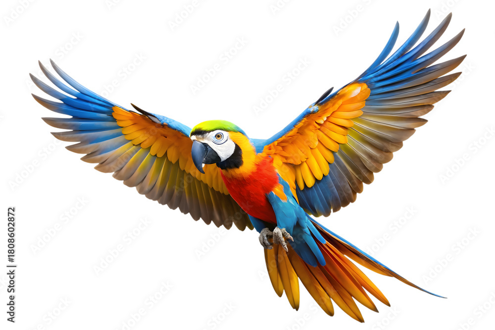Fototapeta premium Colorful macaw parrot in flight isolated on transparent background