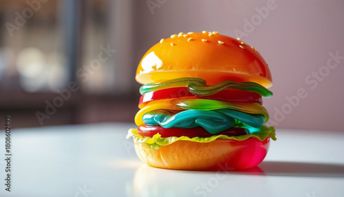 Colorful Jelly Burger Sculpture on Minimalist Background