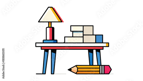 Illustration Of A Study Table With Books, Pencils, And A Desk Lamp Vector Design Template