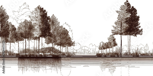 Sepia toned sketch of trees and reeds reflected in water nature landscape