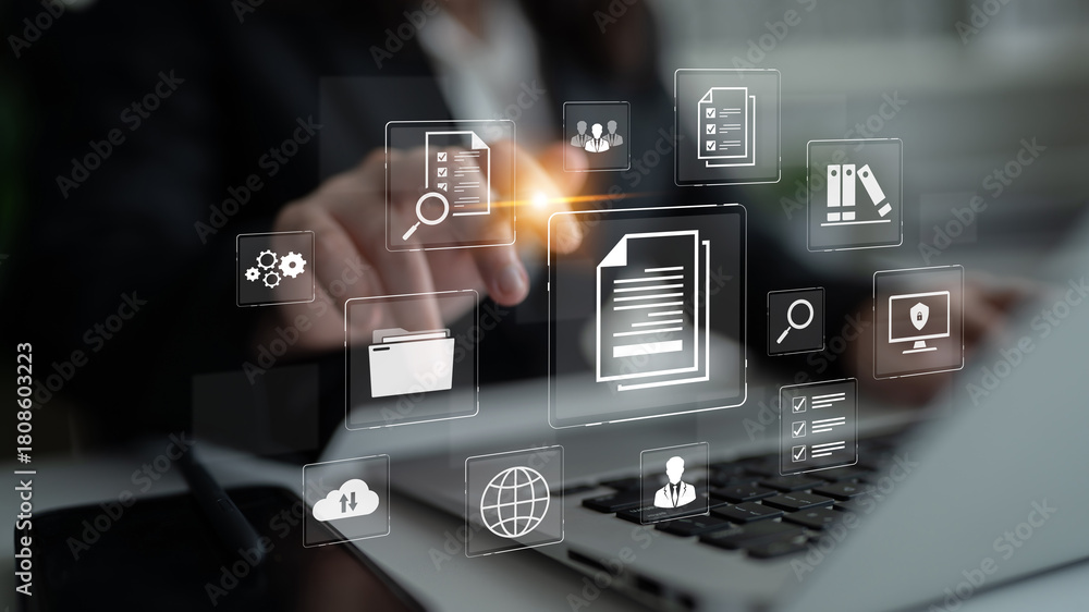 Obraz premium A comprehensive document management system for corporate data. This includes secure file storage, team collaboration, and compliance checks for all official business records. Fermion