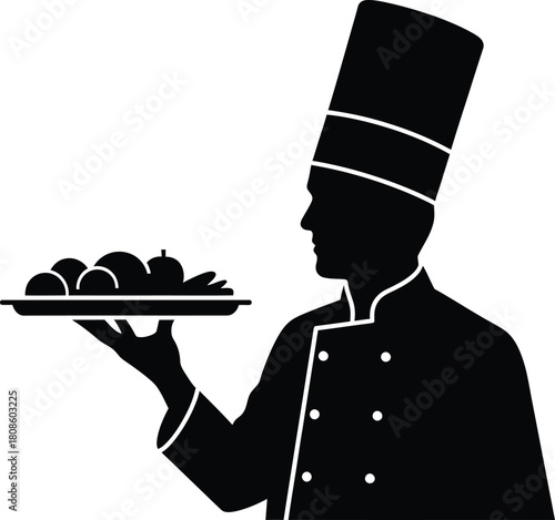 Black silhouette of a chef in uniform holding a platter of food on white background cook culinary