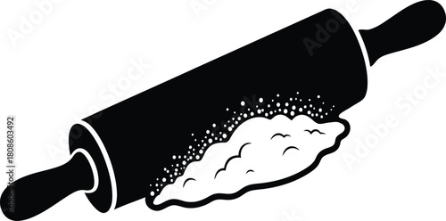 Black Silhouette of Rolling Pin with Dough and Flour on White baking cooking