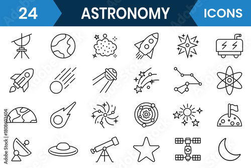 Astronomy icon set. Space icon vector set. Containing satellite, universe, celestial bodies, astronaut, rocket, comet, telescope and planet icons. Outline icons related to space and astronomy icons.
