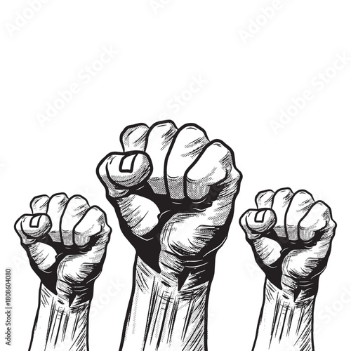 A powerful vector illustration featuring three clenched fists raised in solidarity. The black and white design evokes themes of unity, resistance, and strength, ideal for conveying messages of empower
