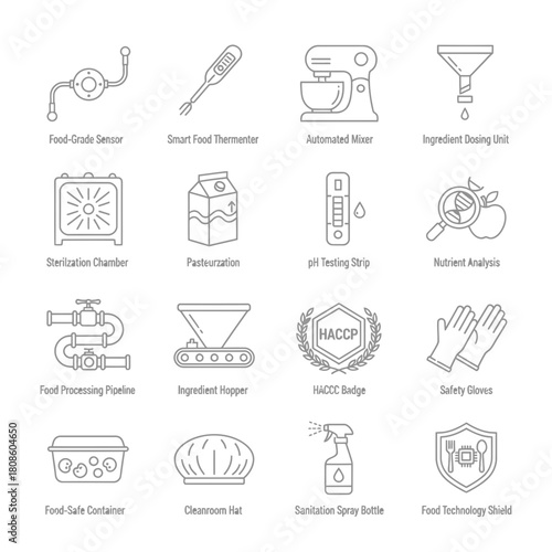 Streamlined food processing icons showcase modern food safety and technology, essential for illustrating quality control, innovation, and advanced manufacturing solutions