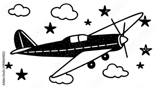 Hand Drawn Airplane with Clouds and Stars in Black and White for Children s Room Decor or Nursery Art