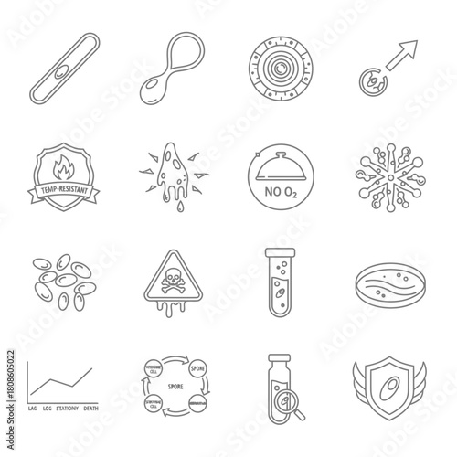 Germs and microbes line art set for scientific study and medical research, explore bacteria growth, antibiotic resistance, and cell division in this educational vector