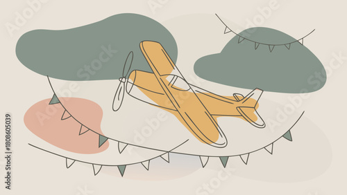 Vintage Airplane Flying Through Clouds with Bunting Banner Decoration Minimalist Line Art Illustration for Children s Room Decor or Party Invitation