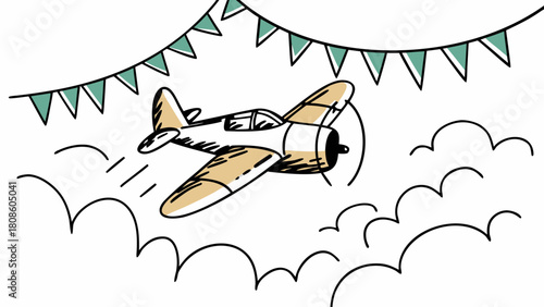 Hand Drawn Airplane Flying Through Clouds with Pennant Banner for Celebration or Aviation Theme Illustration