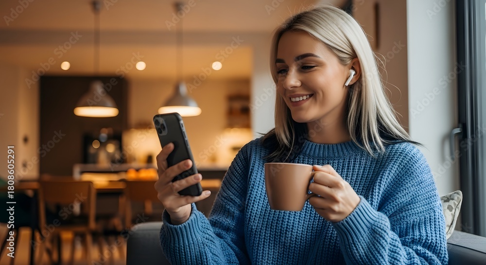 © Shakir - Young Woman with Blonde Hair Smiling While Holding Coffee Cup and Using Smartphone happy © Shakir - Young Woman with Blonde Hair Smiling While Holding Coffee Cup and Using Smartphone happy