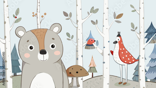 Cute Forest Animals Illustration with Bear Birds Mushrooms and Trees for Children s Room Decor or Nursery Art Prints