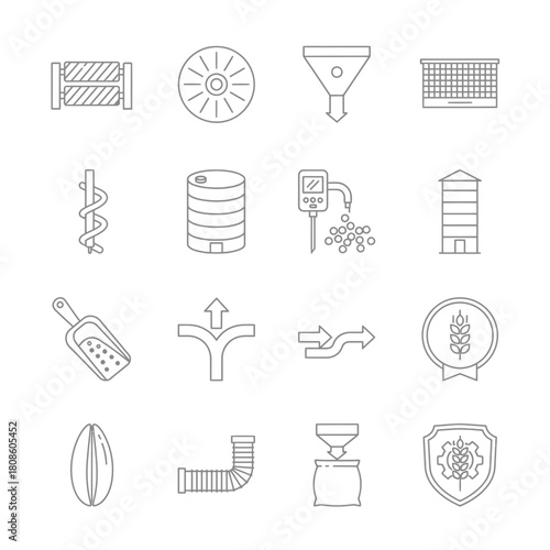 Sleek icons representing grain processing and agricultural technology, ideal for modern farming and food production visuals, originally a scalable vector graphic
