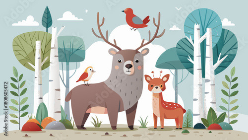 Whimsical Woodland Scene with Deer Family and Birds in a Stylized Forest Setting Perfect for Children s Illustrations