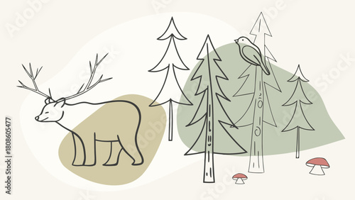 Minimalist Forest Scene with Deer Bird Trees and Mushrooms in Neutral Tones for a Calming and Natural Aesthetic