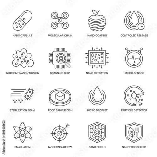 Modern line icons showcase nanotechnology and scientific research, perfect for medical advancements, pharmaceutical innovations, and cutting-edge science presentations