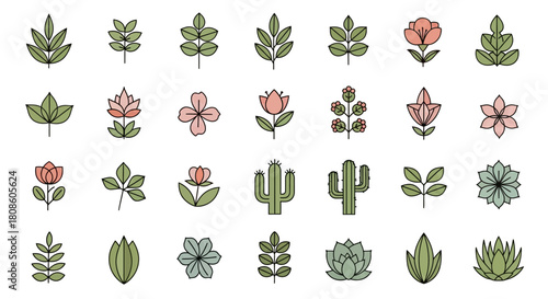 Botanical vector icons set, diverse collection of minimalist leaf and flower illustrations,