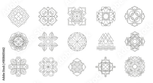 A collection of fifteen uniquely designed symmetrical geometric art line drawings