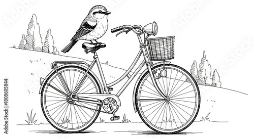 Whimsical Bicycle Illustration Featuring a Bird Perched on the Seat in Natural Setting
