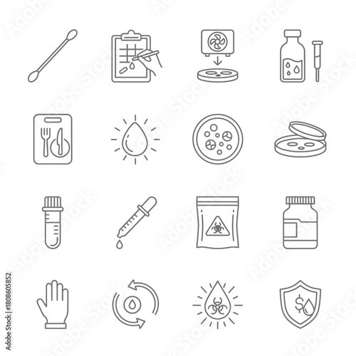 Modern line art icons showcasing medical research and lab testing, perfect for healthcare presentations or pharmaceutical marketing materials, originally a scalable vector graphic