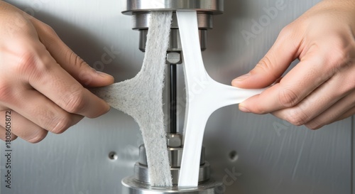 Hands stretching a white fabric sample in a tensile testing machine, demonstrating material strength and elasticity under pressure