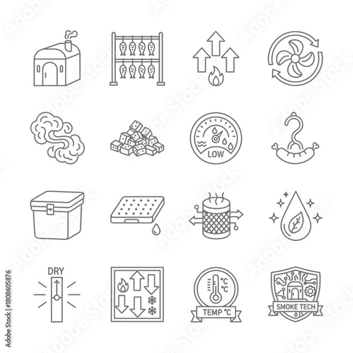 Explore modern smoking technology with this scalable graphic, showcasing essential processes and innovative equipment for premium food preparation and preservation
